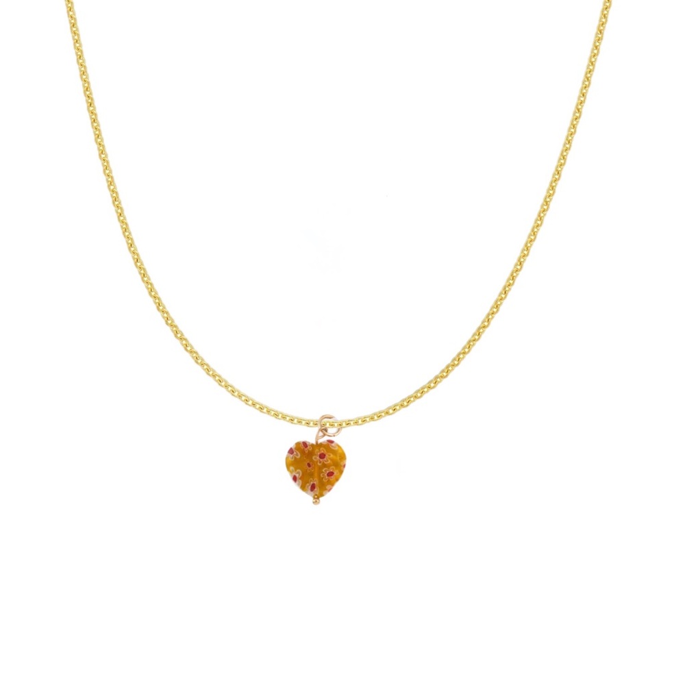 Orange Floral Glass Heart Gold Charm Necklace